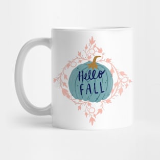 "Hello Fall" hand lettering on a big blue pumpkin with pink leaves Mug